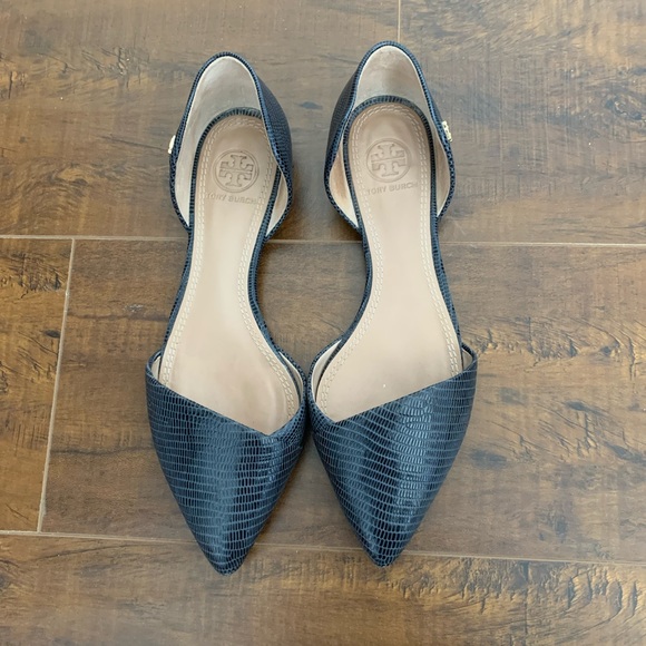 Tory Burch Navy Lizard Embossed Leather Viv D'orsay Pointed Toe Flats Size 6.5 - Picture 3 of 7